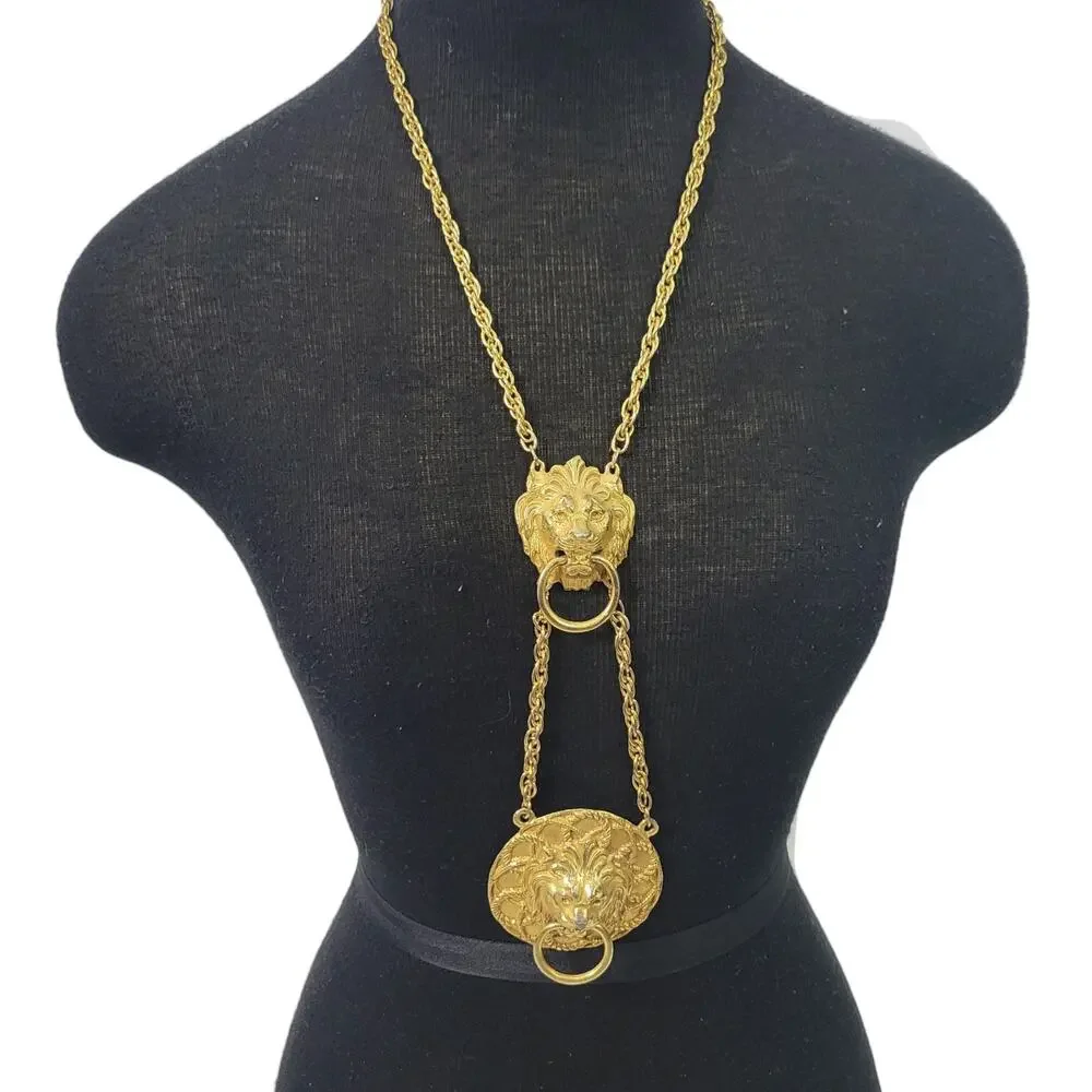 Vintage Double Lion Door Knocker Necklace Costume Jewelry Gold Pendant Statement